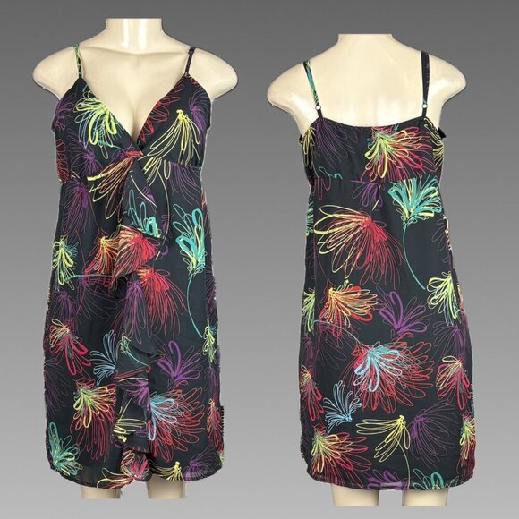 Gap M Black Electric Floral Surplice Neck Ruffle Front Lined Strappy Slip Dress - Picture 1 of 6